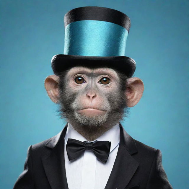 A vibrant cyan-body monkey from a game, adorned with a stylish black top hat and a black bow tie.