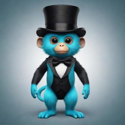 A vibrant cyan-body monkey from a game, adorned with a stylish black top hat and a black bow tie.