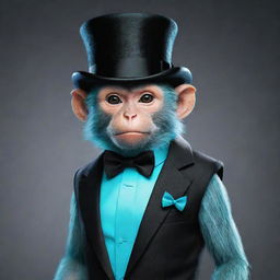 A vibrant cyan-body monkey from a game, adorned with a stylish black top hat and a black bow tie.