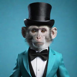 A vibrant cyan-body monkey from a game, adorned with a stylish black top hat and a black bow tie.