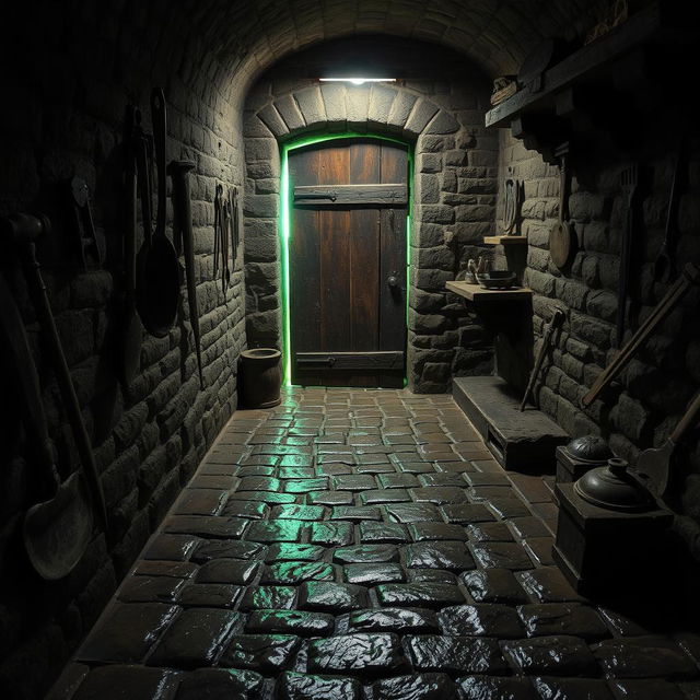 A medieval weathered and wet cobblestone dungeon with ancient medical tools on the walls