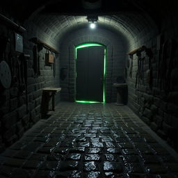 A medieval weathered and wet cobblestone dungeon with ancient medical tools on the walls