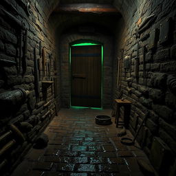 A medieval weathered and wet cobblestone dungeon with ancient medical tools on the walls