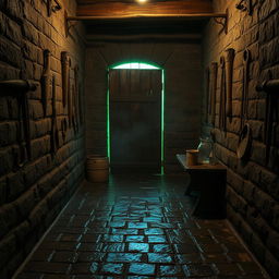 A medieval weathered and wet cobblestone dungeon with ancient medical tools on the walls