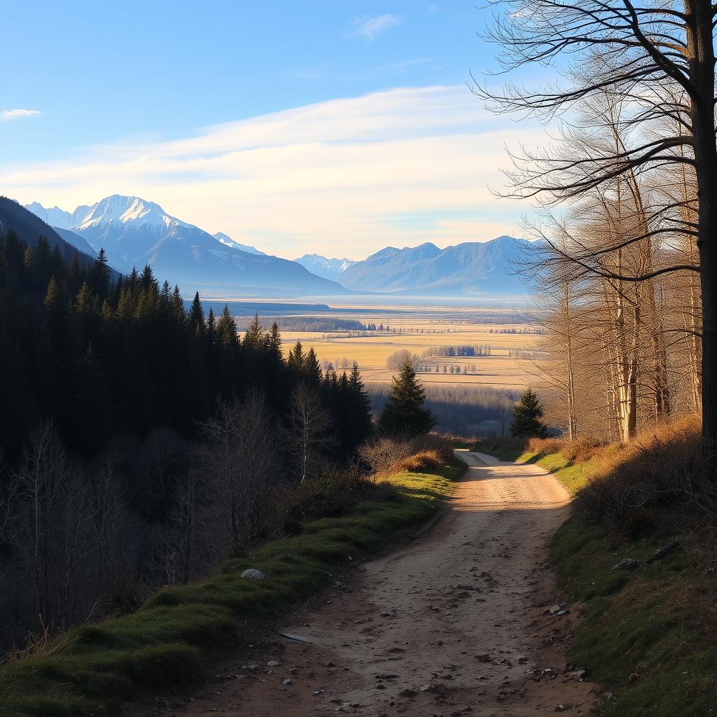 A medieval dirt path that is paralleled by a dense mystical forest on the left side