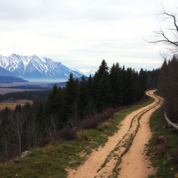 A medieval dirt path that is paralleled by a dense mystical forest on the left side