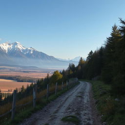 A medieval dirt path that is paralleled by a dense mystical forest on the left side