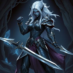 A fierce female Drow fighter stands ready for battle, her dark skin contrasting with her white hair