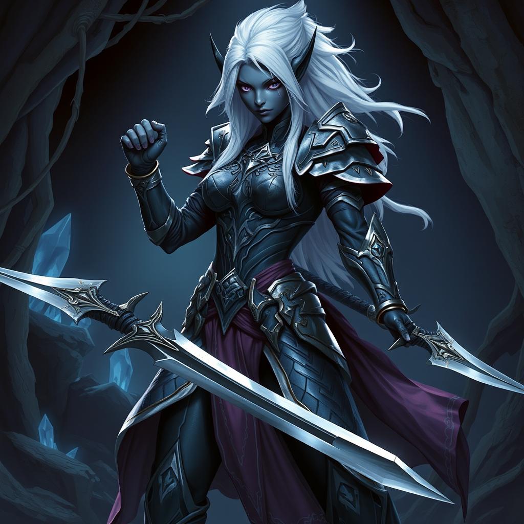 A fierce female Drow fighter stands ready for battle, her dark skin contrasting with her white hair