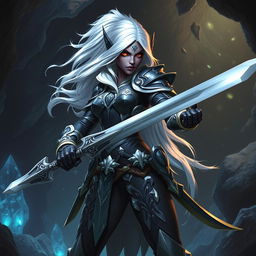 A fierce female Drow fighter stands ready for battle, her dark skin contrasting with her white hair