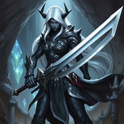 A fierce female Drow fighter stands ready for battle, her dark skin contrasting with her white hair