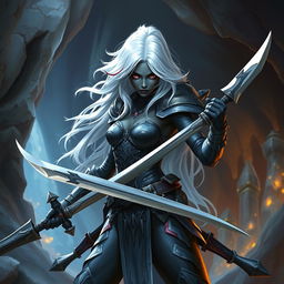 A fierce female Drow fighter stands ready for battle, her dark skin contrasting with her white hair