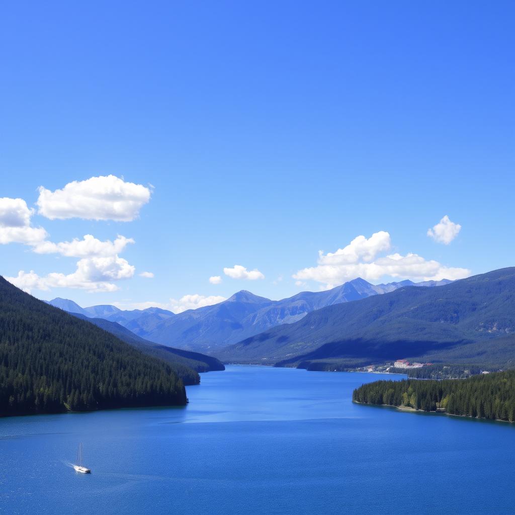 A beautiful landscape featuring a serene lake surrounded by lush green forests and majestic mountains in the background