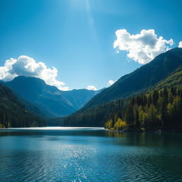 A beautiful landscape featuring a serene lake surrounded by lush green forests and majestic mountains in the background