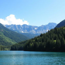 A beautiful landscape featuring a serene lake surrounded by lush green forests and majestic mountains in the background