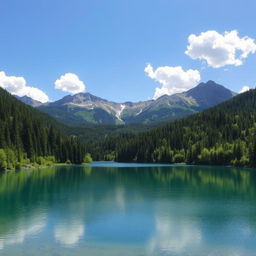 A beautiful landscape featuring a serene lake surrounded by lush green forests and majestic mountains in the background