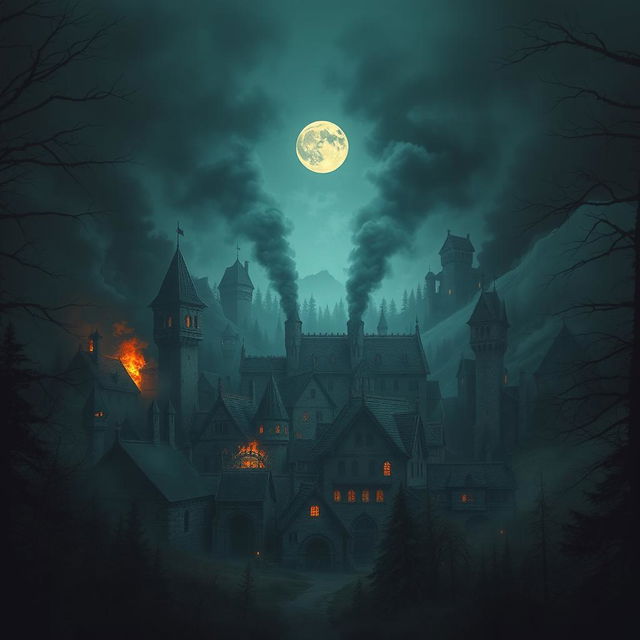 A large medieval town located deep within a dense mystical forest, partially destroyed with fire and smoke emanating from some buildings