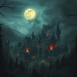 A large medieval town located deep within a dense mystical forest, partially destroyed with fire and smoke emanating from some buildings