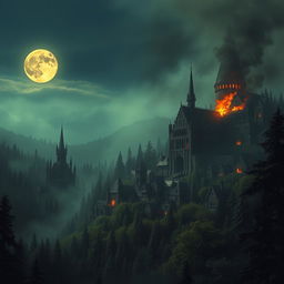 A large medieval town located deep within a dense mystical forest, partially destroyed with fire and smoke emanating from some buildings