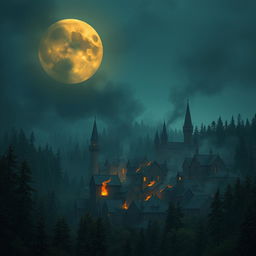 A large medieval town located deep within a dense mystical forest, partially destroyed with fire and smoke emanating from some buildings