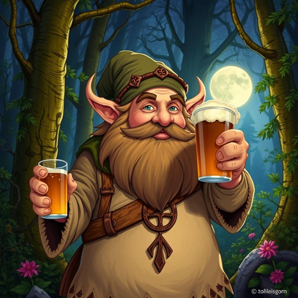 A dwarf druid from the circle of the moon, holding a mug of beer