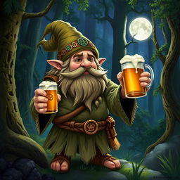 A dwarf druid from the circle of the moon, holding a mug of beer