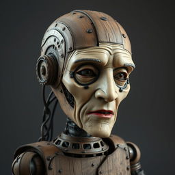 Create a medieval robotic humanoid composed of wood and iron, with half of an old person's face stitched onto its cheek and mouth