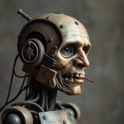 Create a medieval robotic humanoid composed of wood and iron, with half of an old person's face stitched onto its cheek and mouth