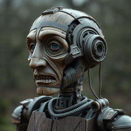 Create a medieval robotic humanoid composed of wood and iron, with half of an old person's face stitched onto its cheek and mouth