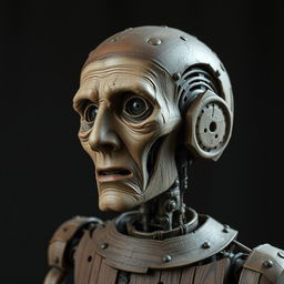 Create a medieval robotic humanoid composed of wood and iron, with half of an old person's face stitched onto its cheek and mouth