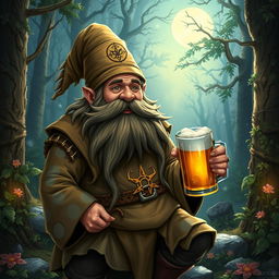 A dwarf druid from the circle of the moon, holding a mug of beer