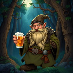 A dwarf druid from the circle of the moon, holding a mug of beer