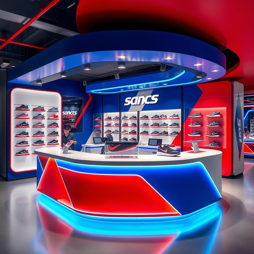 A design for a sports shoe store counter featuring a modern and sleek look