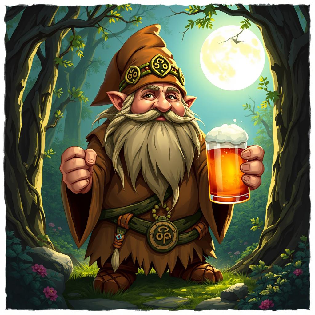 A dwarf druid from the circle of the moon, holding a mug of beer