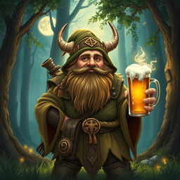 A dwarf druid from the circle of the moon, holding a mug of beer