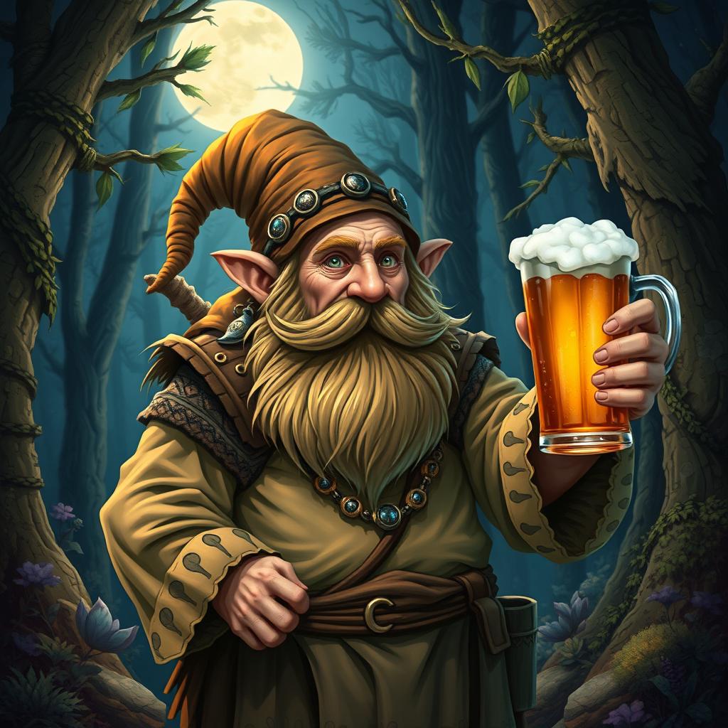 A dwarf druid from the circle of the moon, holding a mug of beer