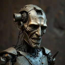 Create a medieval mangled robotic humanoid similar to a robot from Age of Ultron, composed of wood and iron