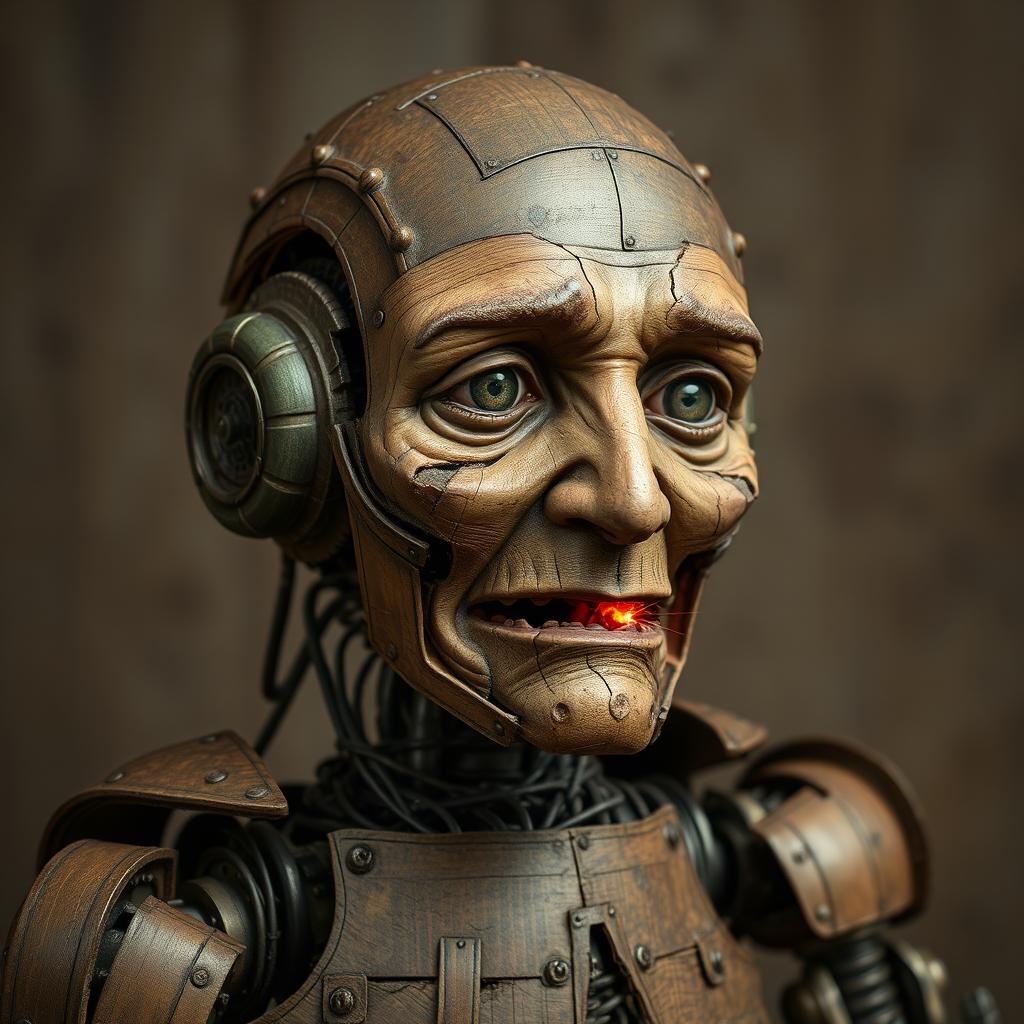 Create a medieval mangled robotic humanoid similar to a robot from Age of Ultron, composed of wood and iron