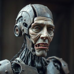 Create a medieval mangled robotic humanoid similar to a robot from Age of Ultron, composed of wood and iron