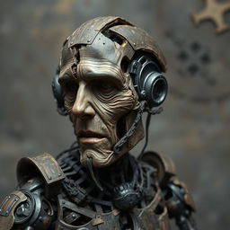 Create a medieval mangled robotic humanoid similar to a robot from Age of Ultron, composed of wood and iron