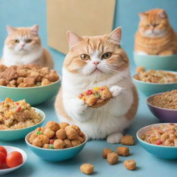 Adorably chubby cats indulging in a feast of flavorful and colorful food.