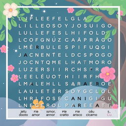 Create a word search puzzle with the following words in Portuguese: LÍRIOS, PÁSSAROS, CONFIANÇA, JESUS, NATUREZA, DEUS, CUIDADO, AMOR, FLORES, HARMONIA, CRIAÇÃO, CÉU