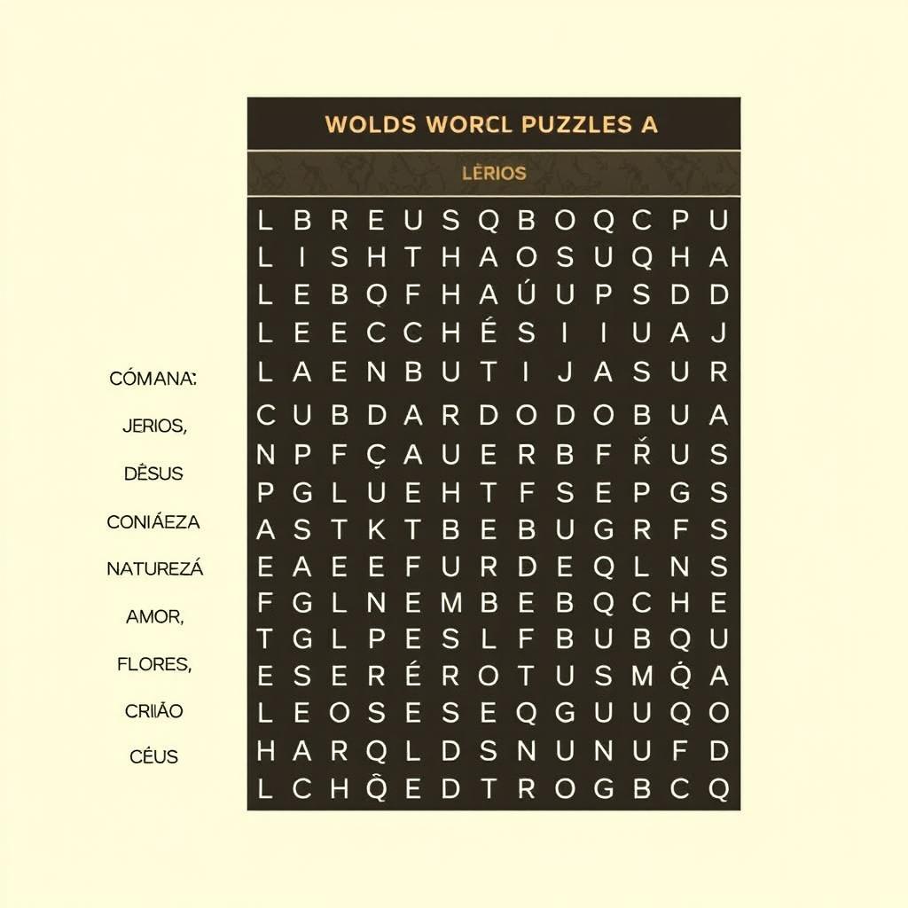 Create a word search puzzle with the following words in Portuguese: LÍRIOS, PÁSSAROS, CONFIANÇA, JESUS, NATUREZA, DEUS, CUIDADO, AMOR, FLORES, HARMONIA, CRIAÇÃO, CÉU