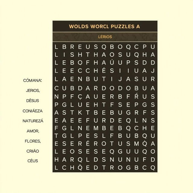 Create a word search puzzle with the following words in Portuguese: LÍRIOS, PÁSSAROS, CONFIANÇA, JESUS, NATUREZA, DEUS, CUIDADO, AMOR, FLORES, HARMONIA, CRIAÇÃO, CÉU