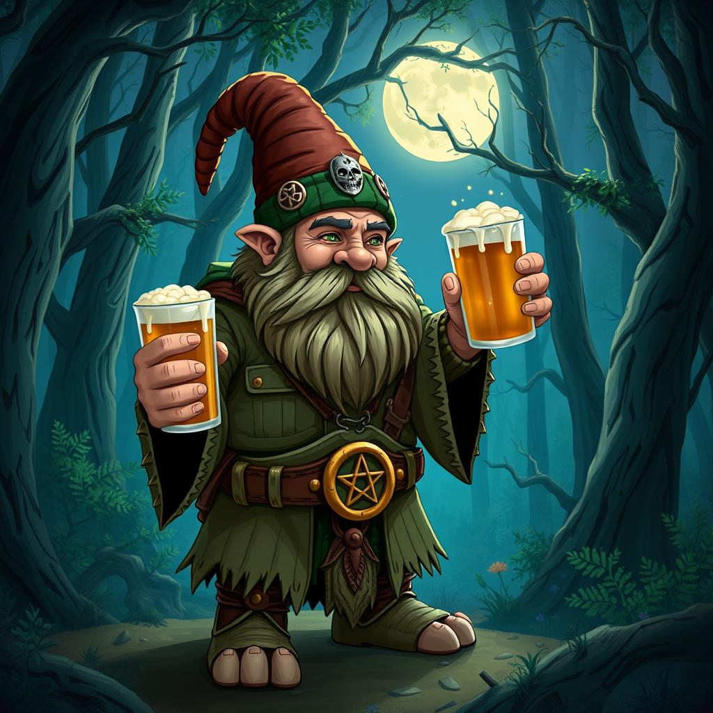 A dwarf druid from the circle of the moon, holding a mug of beer