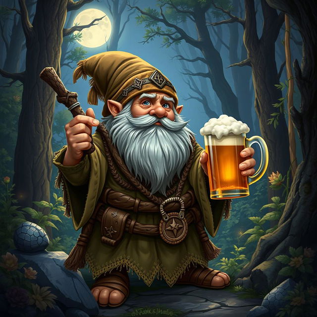 A dwarf druid from the circle of the moon, holding a mug of beer