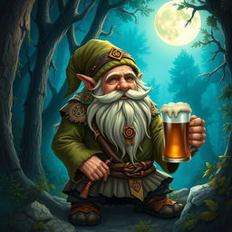 A dwarf druid from the circle of the moon, holding a mug of beer