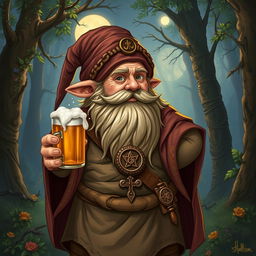 A dwarf druid from the circle of the moon, holding a mug of beer