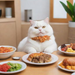 Adorably chubby cats indulging in a feast of flavorful and colorful food.