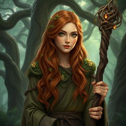 Create an image of Lyra Willowbranch, a serene and wise female druid